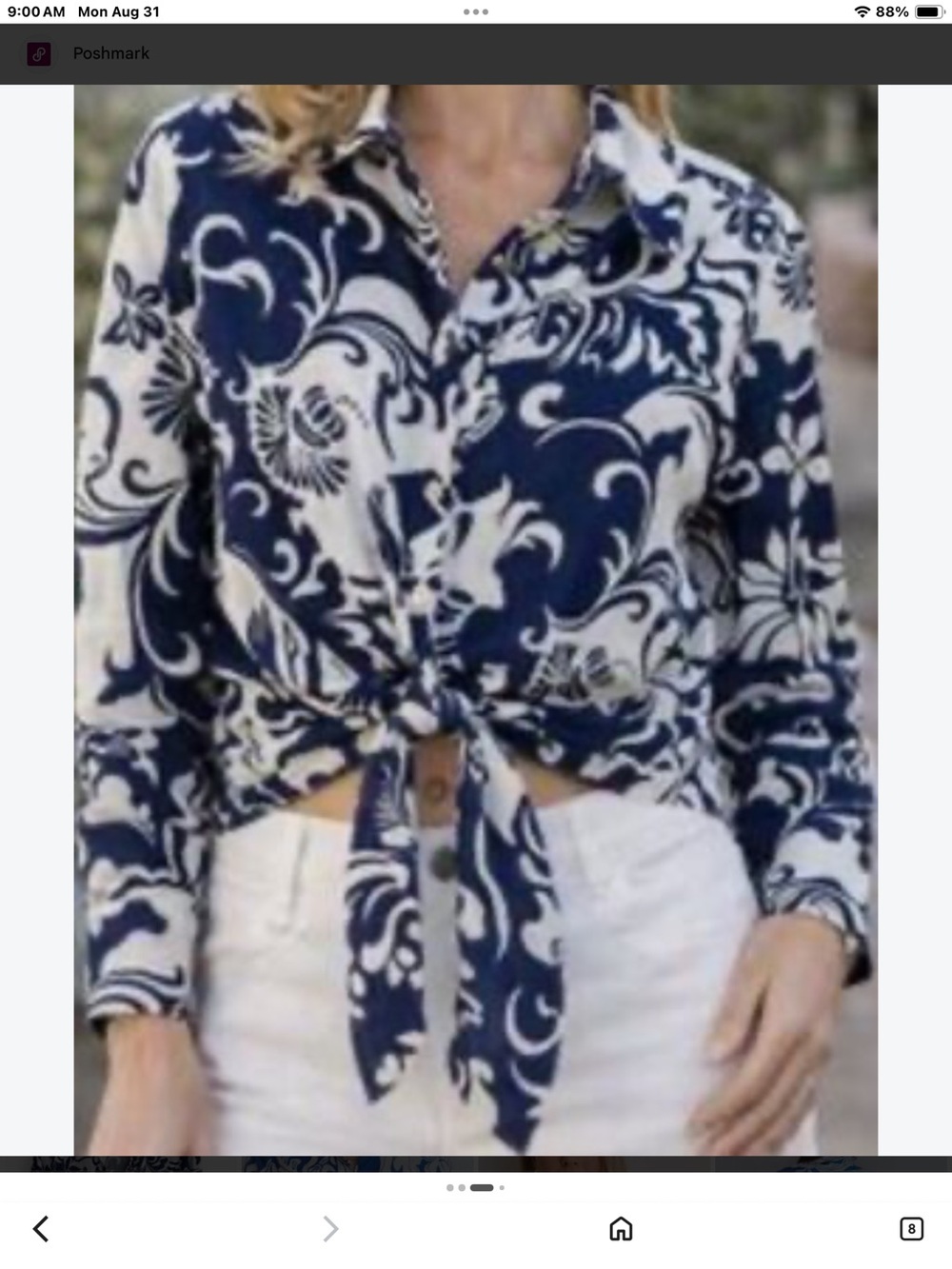 Christian Siriano Women’s Navy & White Tie-Front Printed Button-Up Top